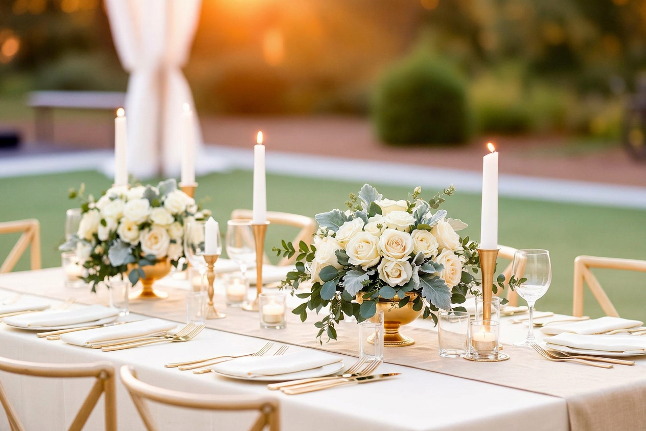 Elegant wedding tablescape with blush florals and gold accents